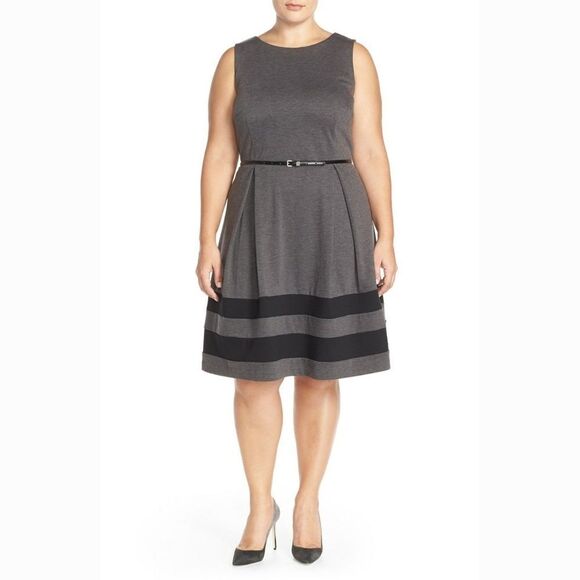 New! CALVIN KLEIN Women's Plus Size Belted Striped-Hem Ponte Dress Size 14W Gray - Picture 1 of 5